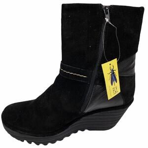 FLY London Black Yome Suede Wedge Heel Ankle Boots 41 W US 10 Wide Women's